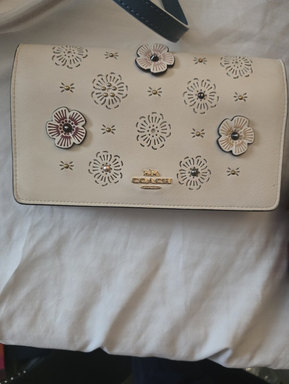 Coach Cream Floral Applique Wristlet with Pink and Blue Accents